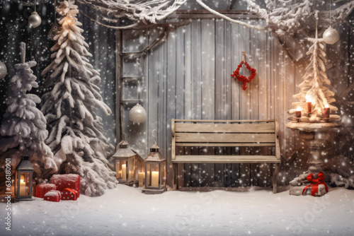 winter yard with Christmas decorations and Christmas tree, space for text. Christmas background