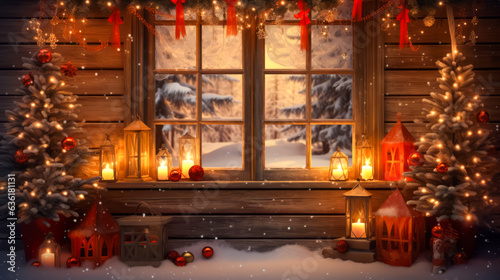winter yard with Christmas decorations and Christmas tree  space for text. Christmas background