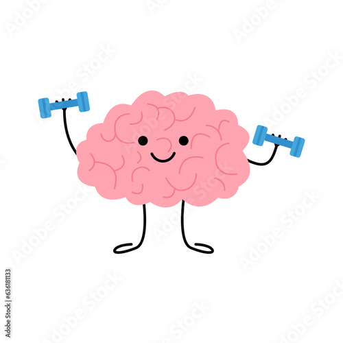 Brain training, sport, doing exercise in education, cute character. Mind power. Brain character lifting dumbbells. Vector