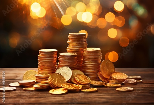 stack of gold coins on table photo