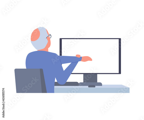 Senior man sits back at table computer and stretching, doing exercises. Elderly pensioner practicing workout at workplace in break. Removing tension and muscle soreness for rest relaxation. Vector