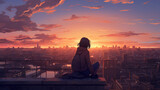 Girl sitting on rooftop watching beautiful sunset over city