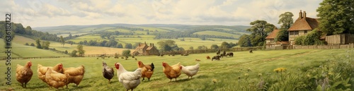 farm photo of chicken walking on the grass © alexxndr