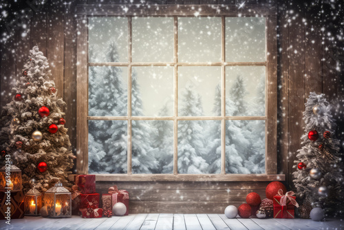 Christmas scene with tree and decorations, lights, balls, gifts in living room and window in center