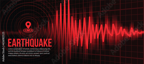 Earthquake Concept - Red light line Frequency seismograph waves cracked and Circle Vibration on perspective grid background Vector illustration design photo