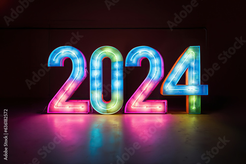 Neon sign number 2024, happy new year 3d text celebration party. Happy 2024 holiday symbol. Copy space lay out text banner for greeting card. Futuristic dark night city mood.
