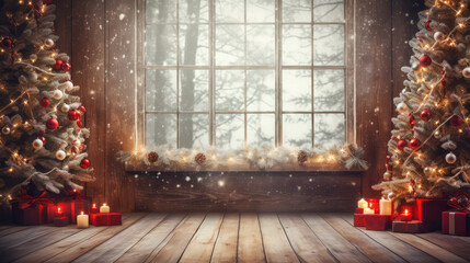 Christmas scene with tree and decorations, lights, balls, gifts in living room and window in center