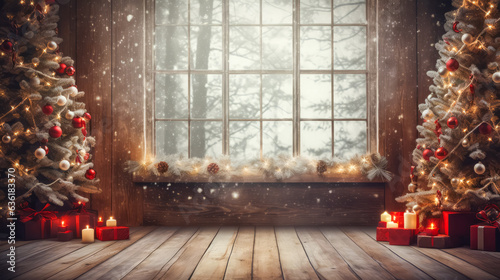 Christmas scene with tree and decorations, lights, balls, gifts in living room and window in center