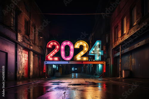 Neon sign number 2024, happy new year 3d text celebration party. Happy 2024 holiday symbol. Copy space lay out text banner for greeting card. Futuristic dark night city mood.