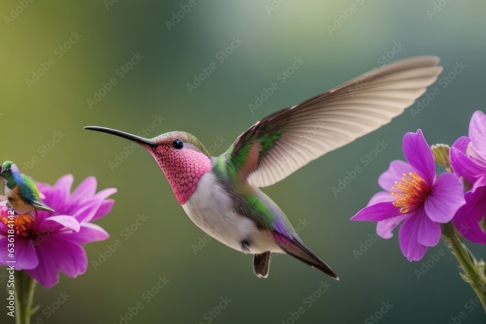 Naklejka premium Illustration A hummingbird flies near the flower .generative AI