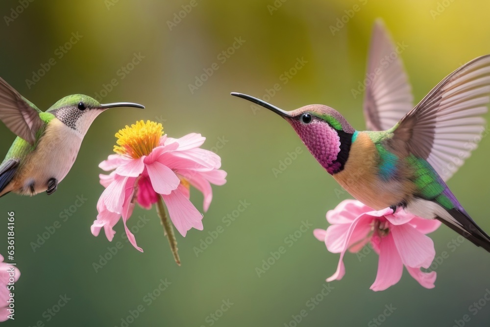Illustration A hummingbird flies near the flower .generative AI Illustration A hummingbird flies near the flower .generative AI