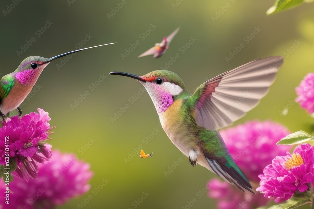 Fototapeta premium Illustration A hummingbird flies near the flower .generative AI