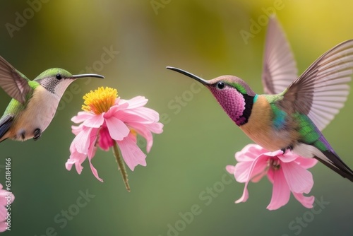 Illustration A hummingbird flies near the flower .generative AI © 2D_Jungle