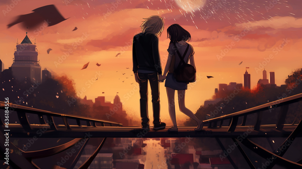 Fototapeta premium the guy with the girl on the bridge at sunset