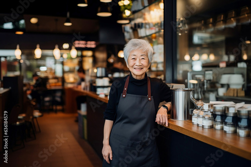 Senior woman barista grandma aged society coffee business concept