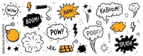 Comic bomb boom vector element. Hand drawn cartoon explosion bomb effect, splash, exclamation smoke element. Doodle hand drawn text boom, pow, wow. Vector illustration.
