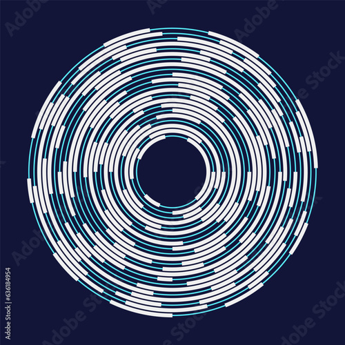 Concentric segments of circles. Lines following a circle path. Design element. Abstract geometric turquoise and white shapes isolated on blue background. Vector illustration.
