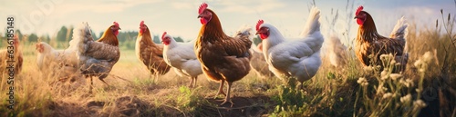 farm photo of chicken walking on the grass © alexxndr