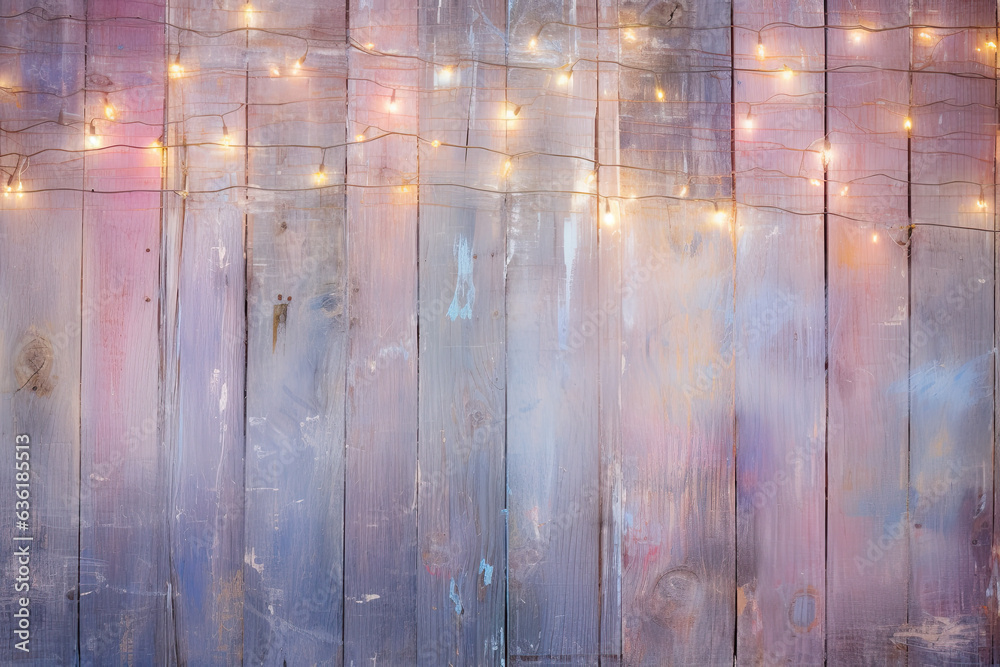 Wooden colourful pastel trendy background with fairy lights , shabby wood
