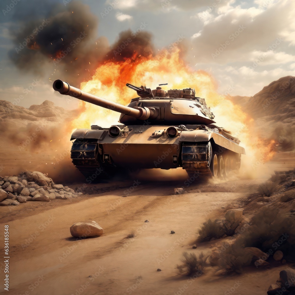 Illustration An armored tank goes into battle amongst the explosions on a desert battlefield.generative AI