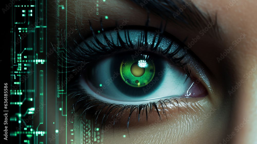 Woman focus eye look digital science system concept vision futuristic computer green technology person human Woman focus eye look digital science system concept vision futuristic computer green technology person human