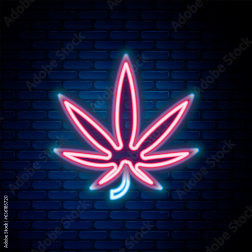 Glowing neon line Medical marijuana or cannabis leaf icon isolated on brick wall background. Hemp symbol. Colorful outline concept. Vector