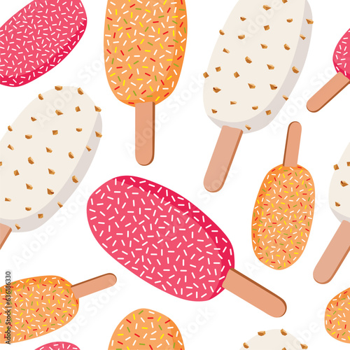 Seamless ice cream pattern eskimo with nuts. Pink, orange and white chocolate.