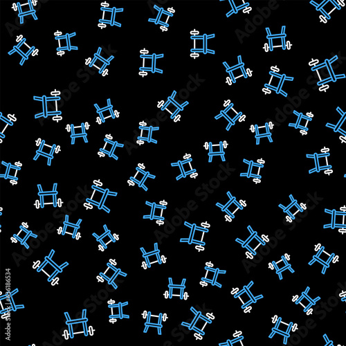 Line Bench with barbell icon isolated seamless pattern on black background. Gym equipment. Bodybuilding, powerlifting, fitness concept. Vector