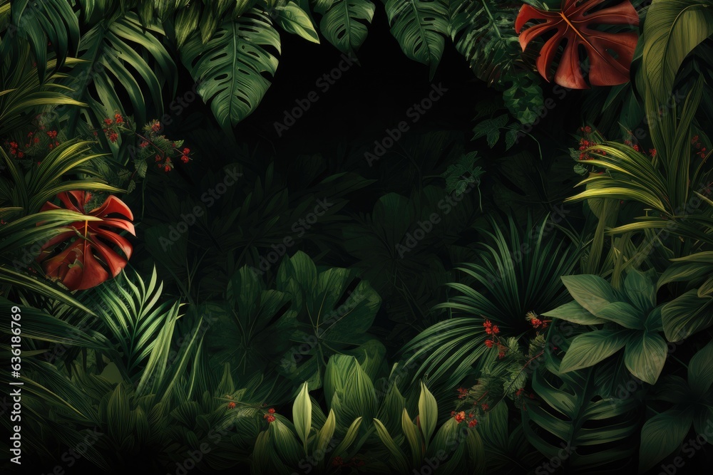 Fototapeta premium Tropical leaves background. Monstera, fern, palm leaves, hibiscus. 3d illustration, Beautiful jungle background with border made of tropical leaves, AI Generated