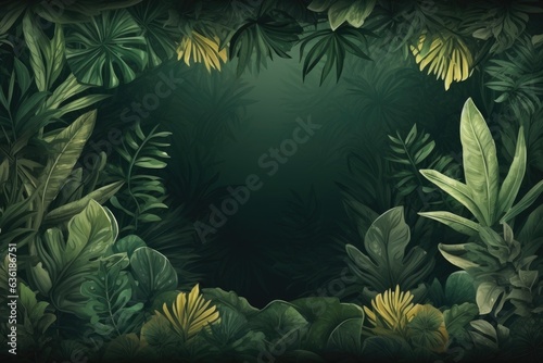 Tropical jungle background with green leaves and flowers illustration. Beautiful jungle background with border made of tropical leaves  AI Generated
