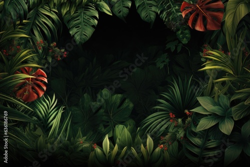 Tropical leaves background. Monstera  fern  palm leaves  hibiscus. 3d illustration  Beautiful jungle background with border made of tropical leaves  AI Generated