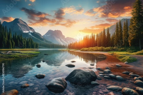 Mountain Lake at sunset. Panoramic view of the mountain lake. Beautiful lake landscape view with green trees  mountains  and sunset  AI Generated