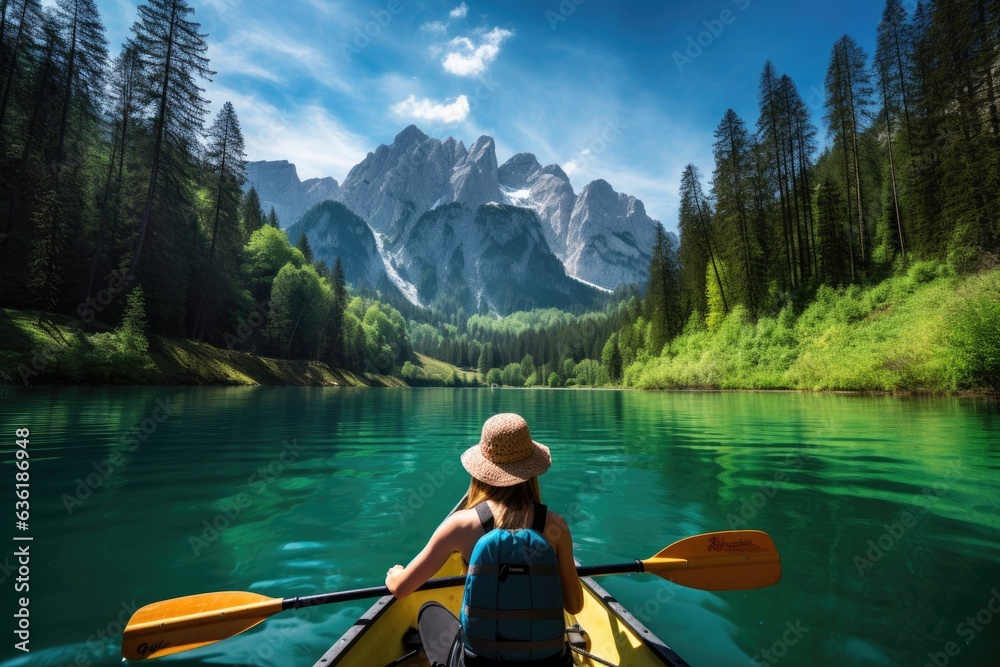 Young woman paddling a kayak on the lake of Braies, Dolomites, Italy, Beautiful woman kayaking on a beautiful mountain lake with green trees, AI Generated Young woman paddling a kayak on the lake of Braies, Dolomites, Italy, Beautiful woman kayaking on a beautiful mountain lake with green trees, AI Generated