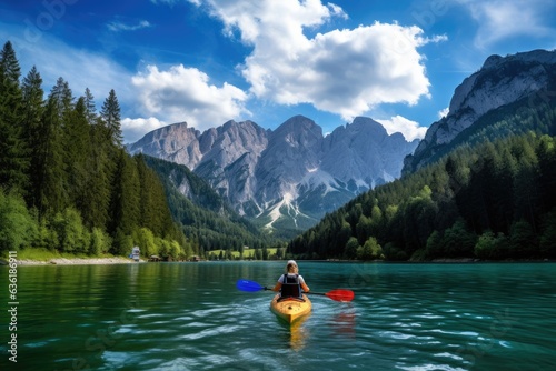 Woman kayaking on the lake in the Dolomites, Italy, Beautiful woman kayaking on a beautiful mountain lake with green trees, AI Generated