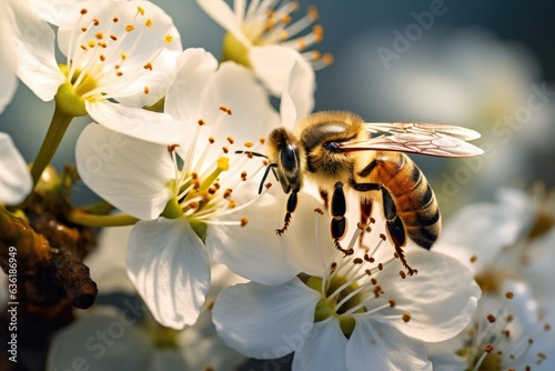 Bee pollinates white flowers of cherry tree. Pollination of fruit trees. Bee collecting honey from a small flower, close-up view, detailed body, AI Generated