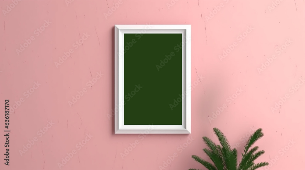 Blank mockup poster hanging against concrete wall decorated by plant branches