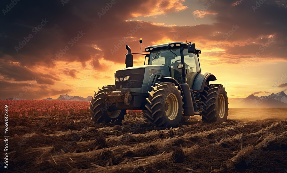 Fototapeta premium tractor is driving through a field