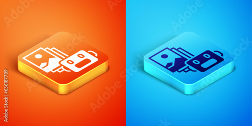 Isometric Artificial intelligence robot icon isolated on orange and blue background. Machine learning, cloud computing. Vector