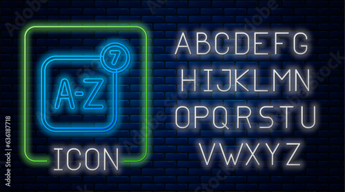 Glowing neon Online translator icon isolated on brick wall background. Foreign language conversation icons in chat speech bubble. Translating concept. Neon light alphabet. Vector
