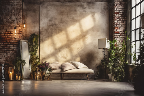 Interior in old boho loft style, photostudio backstage, white and red brick wall. Generative AI photo