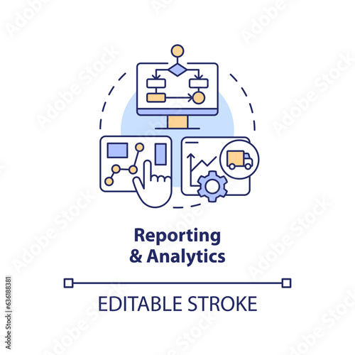 2D editable reporting and analytics thin line icon concept, isolated vector, multicolor illustration representing vendor management.