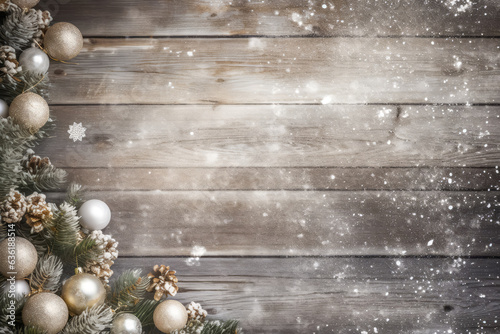 wooden background with Christmas decorations on border, free space for text, Christmas postcard. 