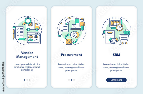 2D icons representing vendor management mobile app screen set. Walkthrough 3 steps colorful graphic instructions with thin line icons concept, UI, UX, GUI template.