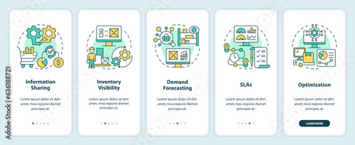 2D icons representing vendor management mobile app screen set. Walkthrough 5 steps colorful graphic instructions with line icons concept, UI, UX, GUI template.