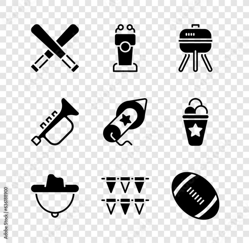 Wall Mural Set Crossed baseball bat, Stage stand or tribune, Barbecue grill, Western cowboy hat, Carnival garland with flags, American Football, Trumpet and Firework icon