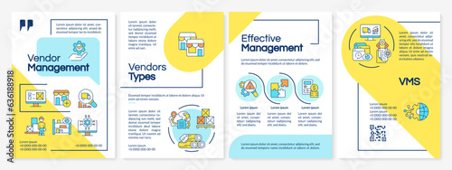 Multicolor vendor management brochure template, leaflet design with thin linear icons, 4 vector layouts.