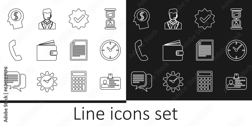 Set line Identification badge, Clock, Approved and check mark, Wallet, Telephone handset, Business man planning mind, Document and Man with headset icon. Vector