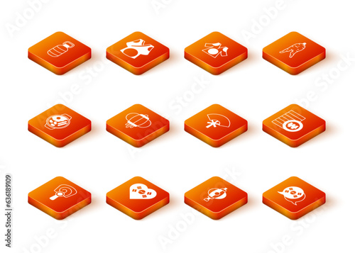Set Korean hand fan, Love with heart, Ramen, lantern, Traditional, South flag and won coin icon. Vector