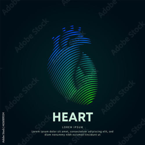 Human heart medical structure. simple line art Human heart Anatomy Vector logotype illustration on dark background. Cardiology logo vector template - EPS 10