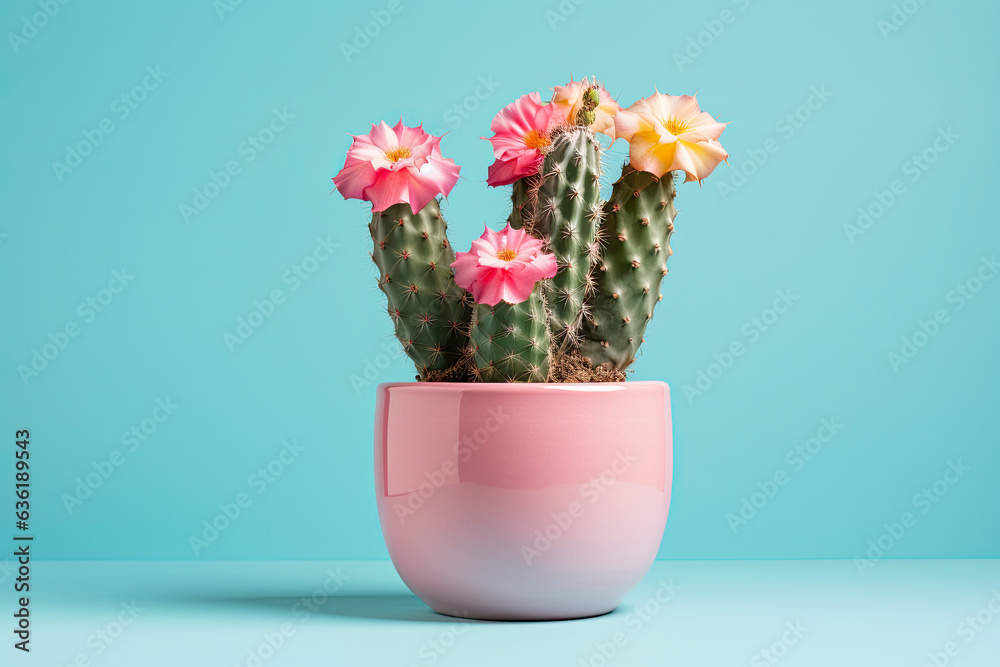 Cactus  flowers in a clay pot, pastel background, copy space
